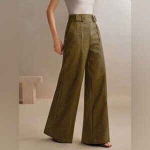 Olive Wide-Leg Leather Women's Pants